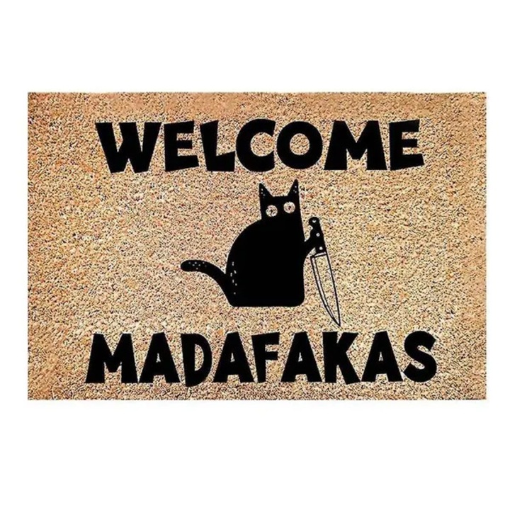 Входна изтривалка от полиестер с принт 'Welcome Madafakas' с котка и нож, черно/кафяво, 40 x 60 см