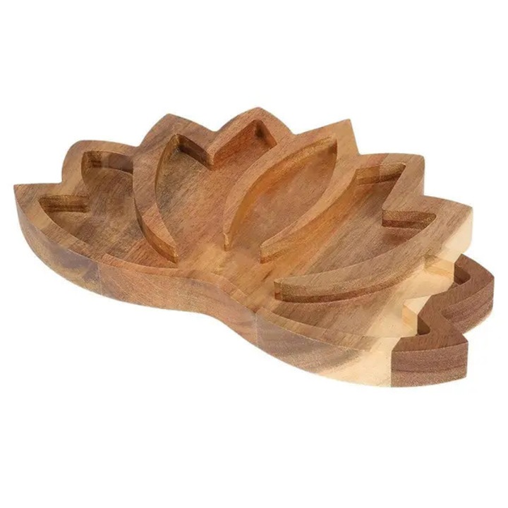 Tava decorativa din lemn Lotus, suport cristale, 17x27x2,5 cm, finisaj natural