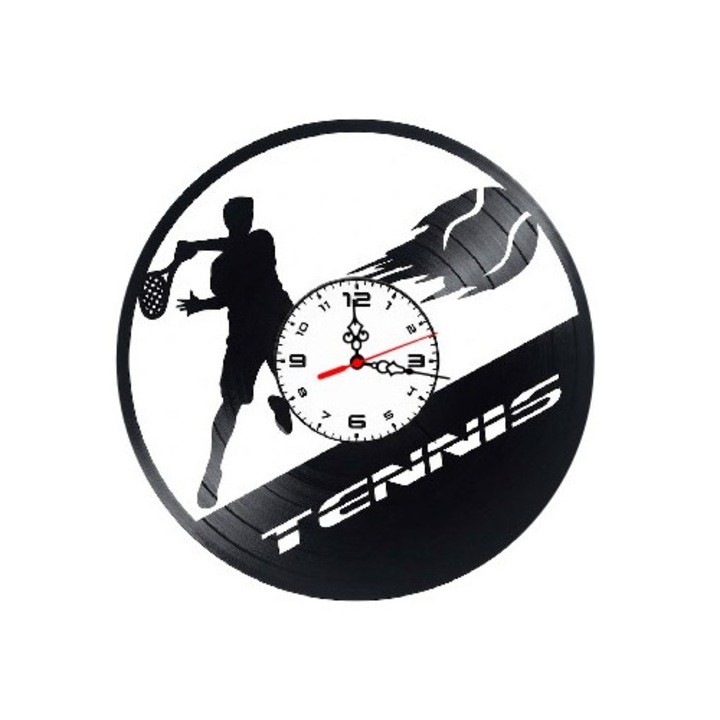 Dekoratív falióra bakelit lemezből, Teniszező játékos és Gyors labda modell, Tennis felirat, Fekete, 30 cm