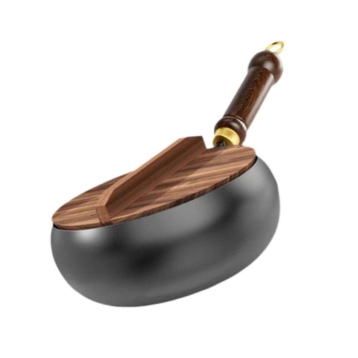 Wok serpenyő 24x10.5cm, vas, üveg fedő, fa nyél, fekete