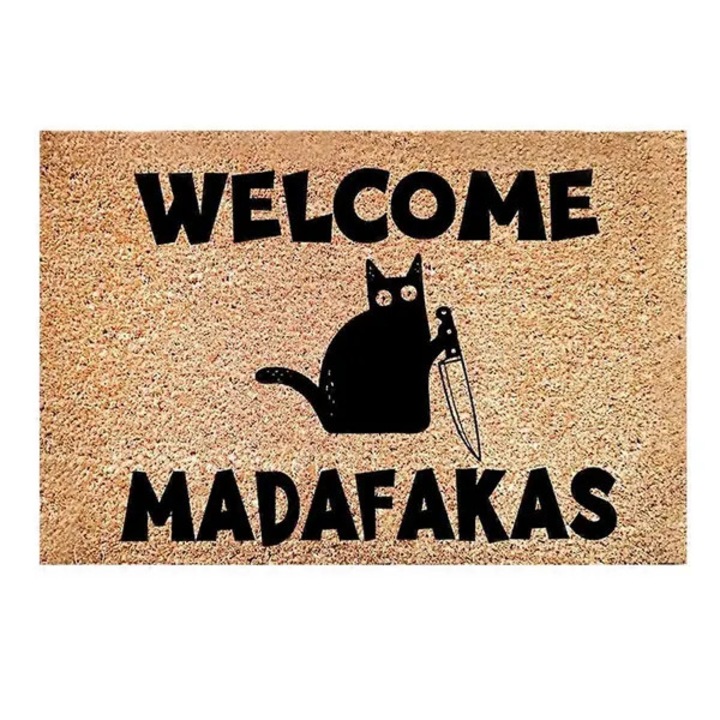 Изтривалка за врата STALVA-CJ-K0502-20260818-8575, принт Welcome Madafakas с котка и нож, черно/бежово, 40 x 60 см, полиестер