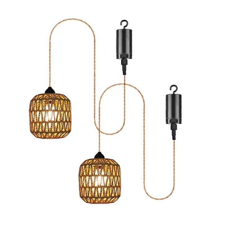Pendul alimentat cu baterii, ratan impletit manual, cablu din iuta si structura metalica, soclu E27, timer si reglare luminozitate, pentru interior/exterior acoperit, bej/negru, set 2