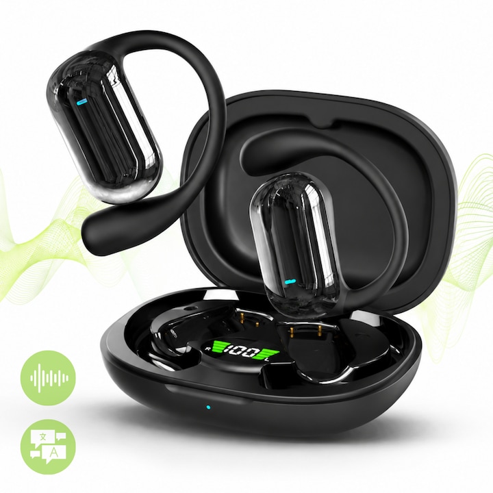 ATAB Nyitott Fülű Vezeték Nélküli Fejhallgató AI Fordítással 144 Nyelven, Bluetooth 5.3, DT5.0 Irányított Hang, 13 mm-es Hangszórók, Digitális LED Kijelző, IPX5, Érintésvezérlés, USB-C, Fekete