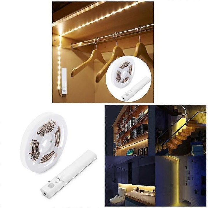Banda LED 1M cu senzor miscare wireless, 30 LED, alb cald, 137x27x19mm, alimentare baterii AAA