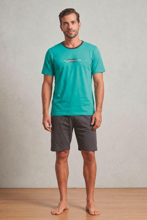 Pijama Barbati Scurta din Bumbac, Set de Vara, maneca si pantaloni scurti verde 404 16150, Verde