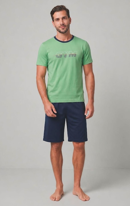Pijama Barbati Scurta din Bumbac, Set de Vara, maneca si pantaloni scurti vernil 401 16171, Verde