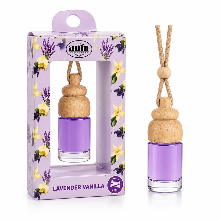 Aum Fragrances Autóillatosító, Levendula Vanília, 7 ml, Fa Diffúzorral, Tartós Illat Autóba