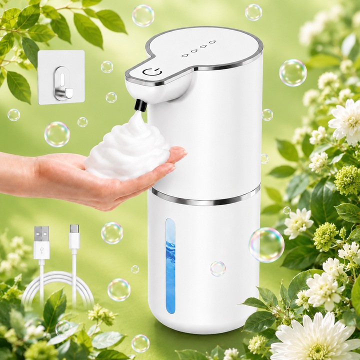 PETTRA® automata habszappan adagoló, érintésmentes infravörös érzékelő, 4 állítható adagolási szint, USB-C akkumulátor akár 2 hónapos üzemidővel, 320 ml-es tartály, IPX5 vízálló, LED kijelző, fürdőszobába és konyhába, fehér