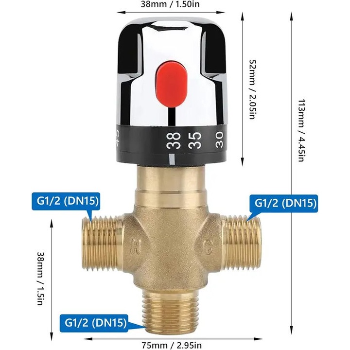 Termosztatikus keverőszelep 3 utas, sárgaréz, 15mm, állítható hőmérséklet