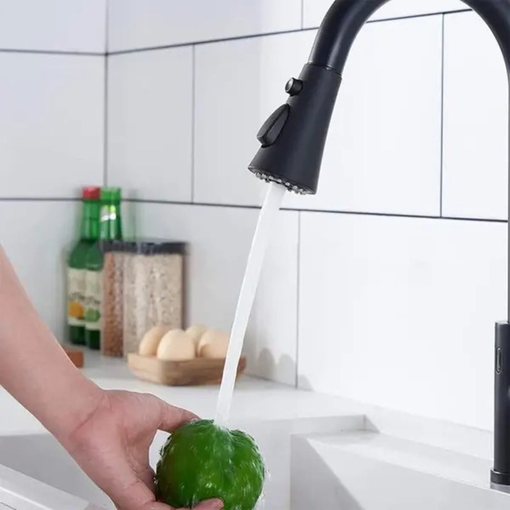 Черна кухненска батерия, 3 функции, въртяща се глава на 360°, разтегателна