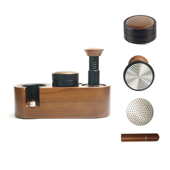 Statie tamper espresso 54mm suport portafiltru lemn trandafir 20x15cm