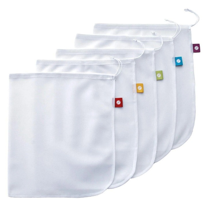 Set 5 saci reutilizabili pentru fructe si legume, plasa lavabila, 30x36cm, alb
