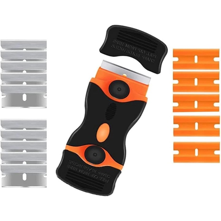 Set 2 raclete sticla ceramica cu 10 lame metalice si 5 lame plastice, negru/portocaliu