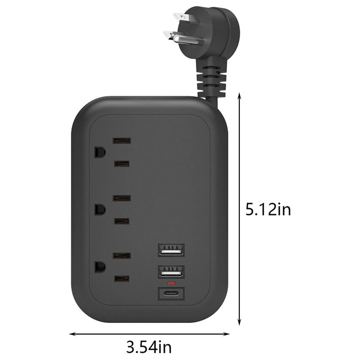Hordozható multifunkcionális hosszabbító, 3 USB, fekete, 13x9x2.5cm
