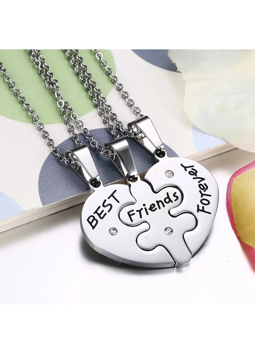 ZYBLSSBB, Set 3 coliere din otel inoxidabil, pandantiv inima puzzle cu text Best Friends Forever si cristale, argintiu, 29 x 3.8 x 0.5 cm