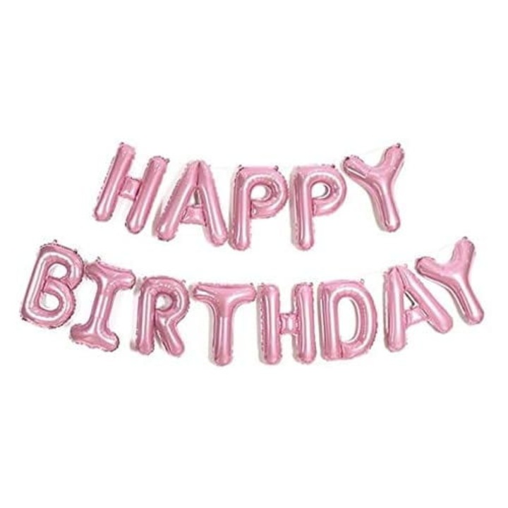 Fólia lufi szett, rózsaszín betűk, 16 inch, Happy Birthday banner