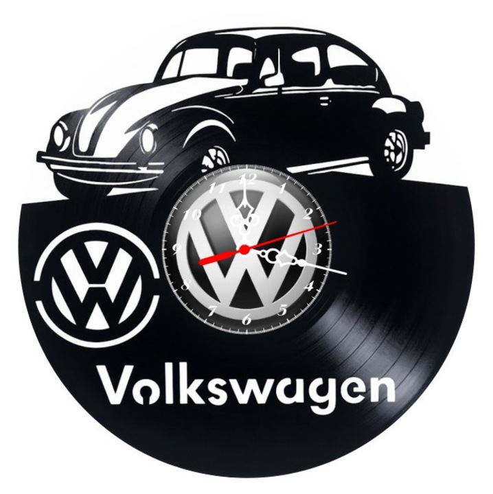 Dekoratív falióra bakelit lemezből, Vintage Bogár Autó és Márka Logó mintával, Volkswagen felirattal, Fekete, 30 cm