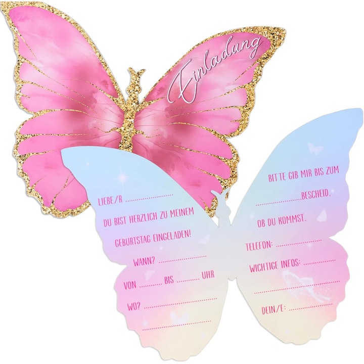 Set 12 invitatii petrecere copii fluture multicolor 10.5x12.5cm