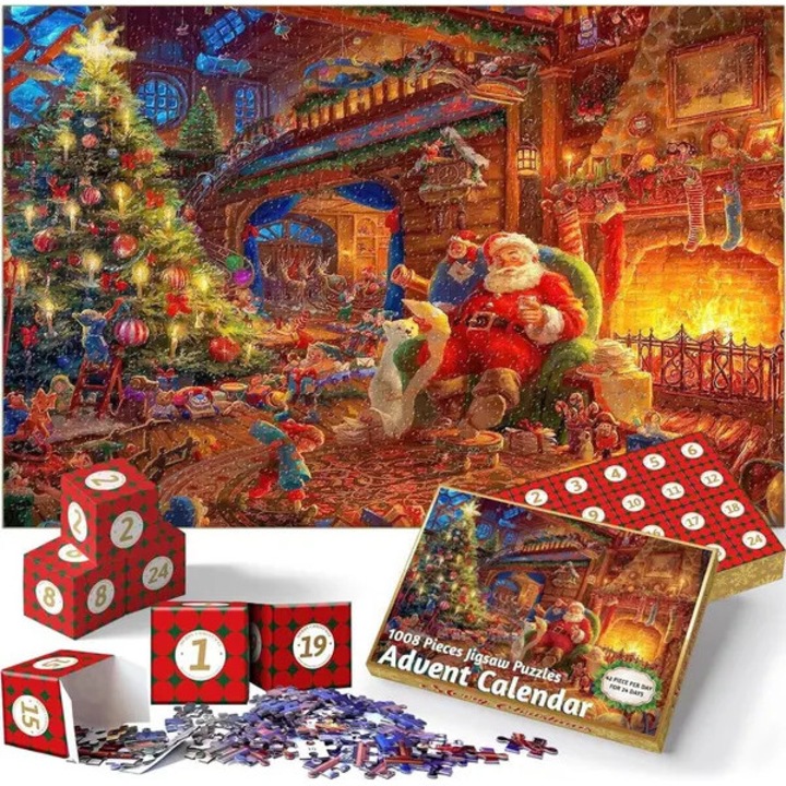 Karácsonyi Puzzle Advent, 1000 darabos, ünnepi jelenet, többszínű, 24 napos