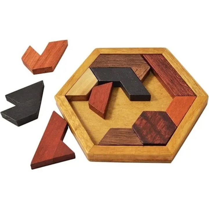 Hexagon tangram fa puzzle, 11 darab, 13.2x12.2x1.5 cm, natúr
