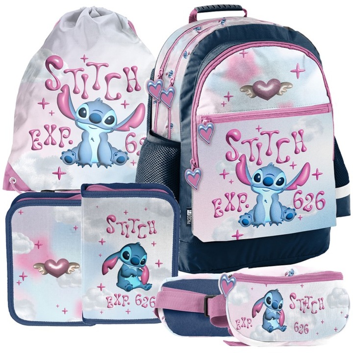 Iskolai szett Paso Lilo és Stitch, hátizsák 41x28x18cm, tolltartó, övtáska, tornazsák, többszínű