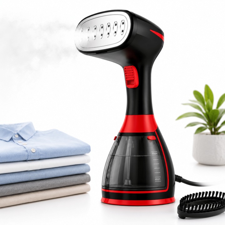 Függőleges Gőzölő 1500W, 32g/perc, 280ml Tartály, Acél Talp, Függőleges Vasalás, Ruhakefe, Szösztelenítő Kefe, Fekete/Piros