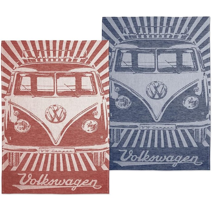 Комплект 2 Кухненски Кърпи VW Bulli T1 Samba - Червено & Синьо