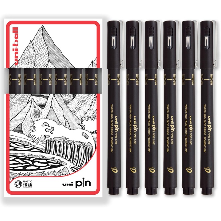 Set 6 Pixuri Fineliner Uni Pin, Varf Pensula, Cerneala Neagra, Extra Subtire