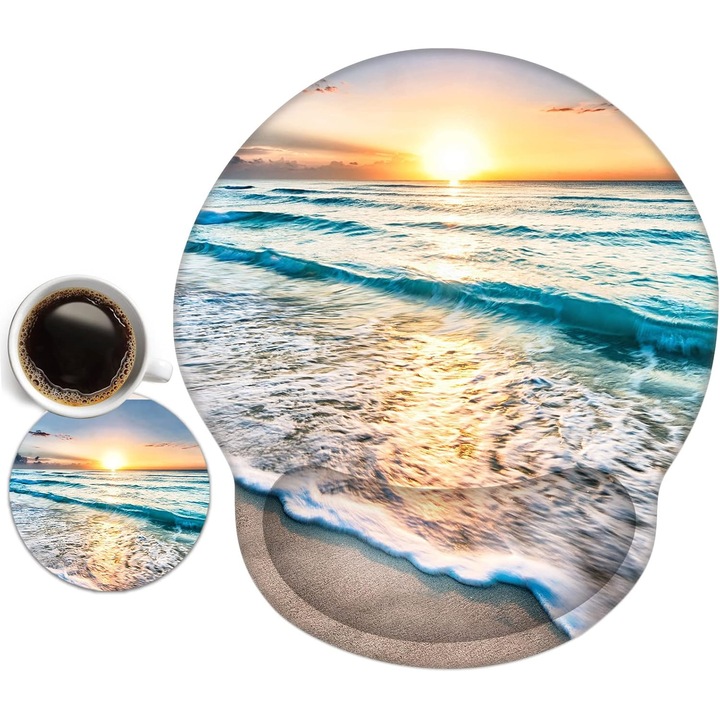 Suport Ergonomic Mouse Pad cu Gel si Suport Pahare - Design Plaja