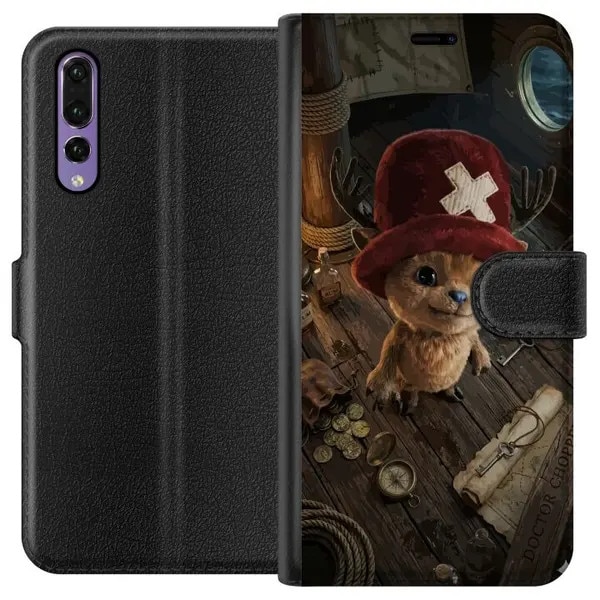 Husa tip portofel din material sintetic cu interior din catifea, model „ren mic cu palarie rosie” in decor pirat, inchidere magnetica si buzunare pentru carduri, multicolor/negru, pentru Huawei P20 Pro