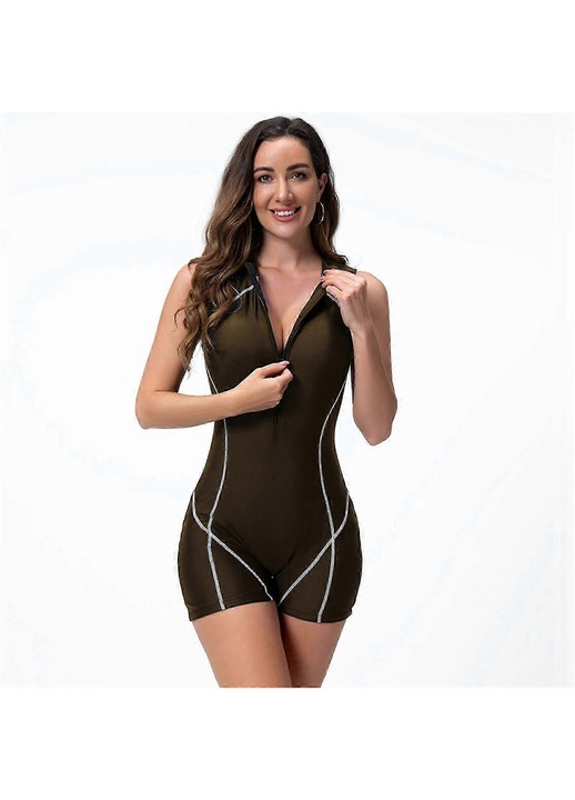 Costum de baie dama, cu fermoar frontal, moale, culoare cafea, fabricat pentru surf si inot