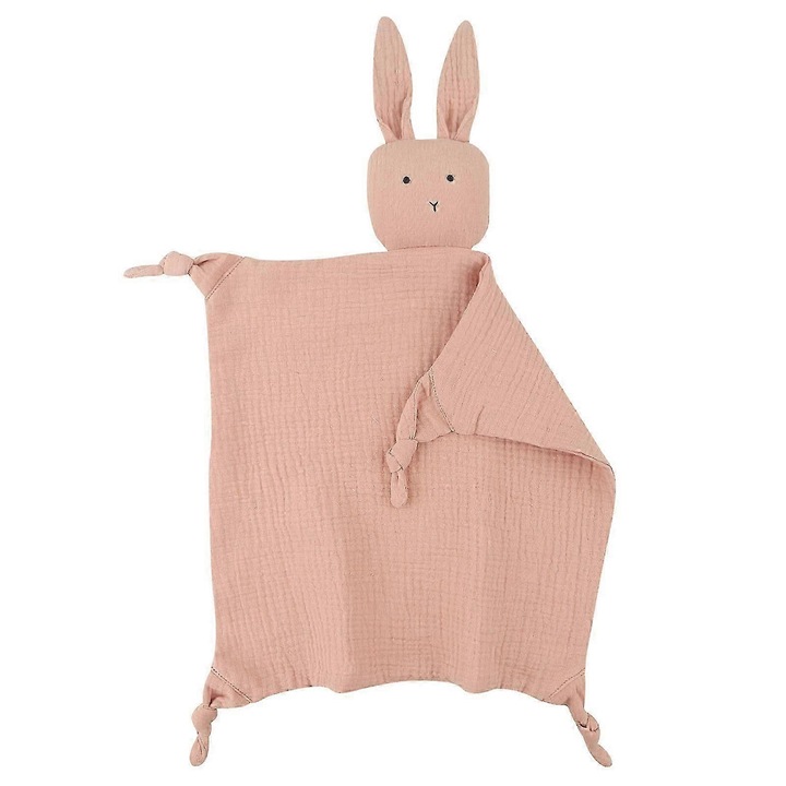 Paturica-suzeta iepuras din muselina pentru bebelusi, moale, umplutura PP rezistenta, roz prafuit, aprox. 25–30 cm