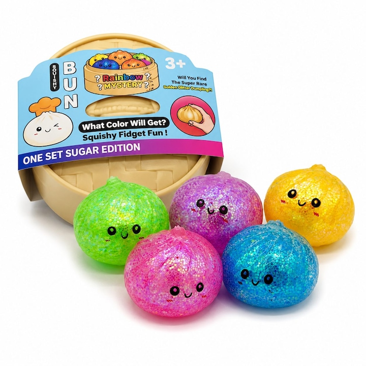 Dumpling Squishy Antistres, Flippy, Model Fata Zambitoare din Maltoza cu Sclipici si bile de Hidrogen, Comprimabil cu Revenire Lenta, 5.5 x 5.5 x 5.5 cm, 120 gr, Culoare Surpriza Mix