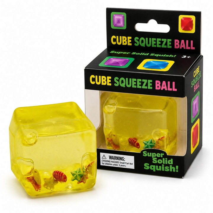 Jucarie Squishy Cub Gheata TrioStore® Ocean Cu Scoici, Jucarie Antistres Slow Rising, Cub Fidget Senzorial Moale, Squishy Comprimabil Pentru Copii Si Adulti, Model Ocean Galben, Relaxare Si Concentrare, 5 x 5 x 5 cm