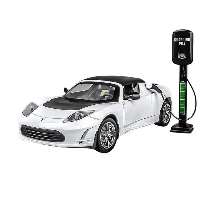 Fém autó, Tesla Roadster, 1:24 méretarány, Fehér, Töltőállomással