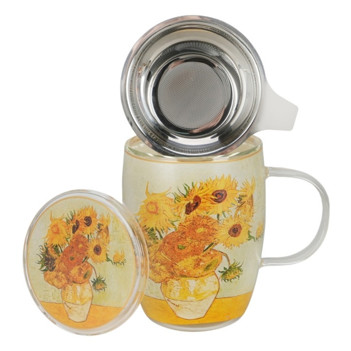 Van Gogh ihlette, Napraforgó mintás, duplafalú üvegbögre rozsdamentes acél infúzorral, 350 ml