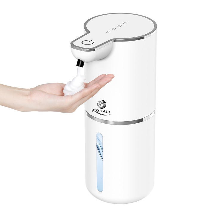 Dozator automat de sapun spuma KODALI M1, senzor de miscare fara atingere, 4 niveluri de dozare, baterie reincarcabila 1200mAh, autonomie pana la 2 luni, USB-C, rezervor 350 ml, montaj pe perete, ideal pentru baie, bucatarie, hotel sau birou, alb