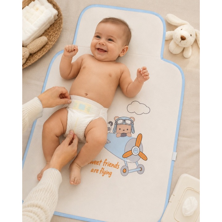 Salteluta impermeabila pentru schimbat scutece bebe pliabila cu imprimeu ursulet si avion albastru, 45x80 cm