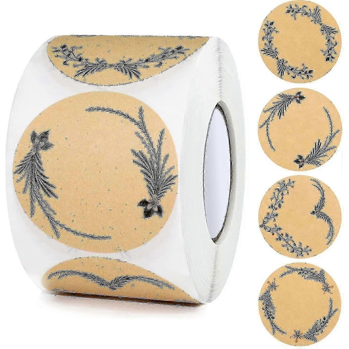 Kerek öntapadós címkék, 5 cm, 500 db, kraft, virágmintás