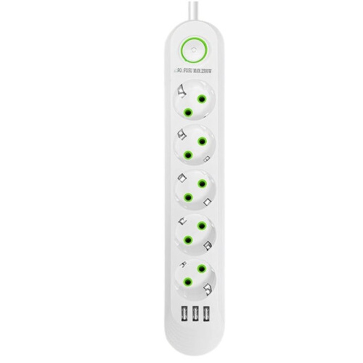 Prelungitor 5 prize, 3 USB, 2500W, alb, 2m