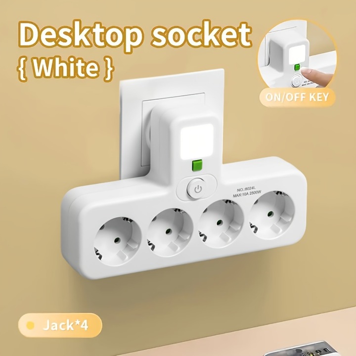 Adapter aljzat 4 EU aljzattal, éjszakai fény, független kapcsoló, fehér, 10A 2500W