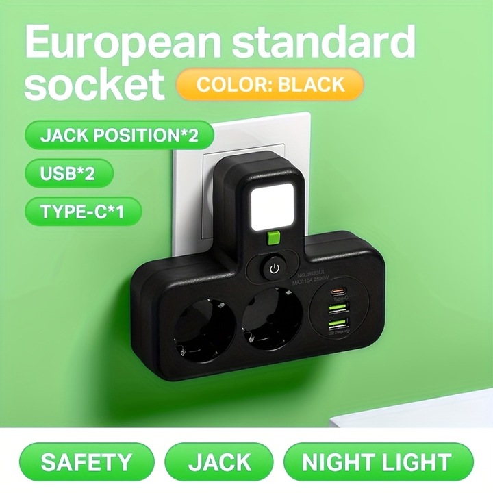 Többfunkciós hosszabbító 5 az 1-ben, 2 AC aljzattal, 2 USB-A, 1 USB-C, éjszakai fénnyel, főkapcsolóval