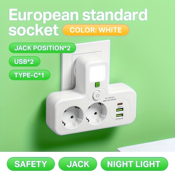 Többfunkciós hosszabbító 5 az 1-ben, 2 AC aljzat, 2 USB-A, 1 USB-C, éjszakai fény, főkapcsoló, fehér