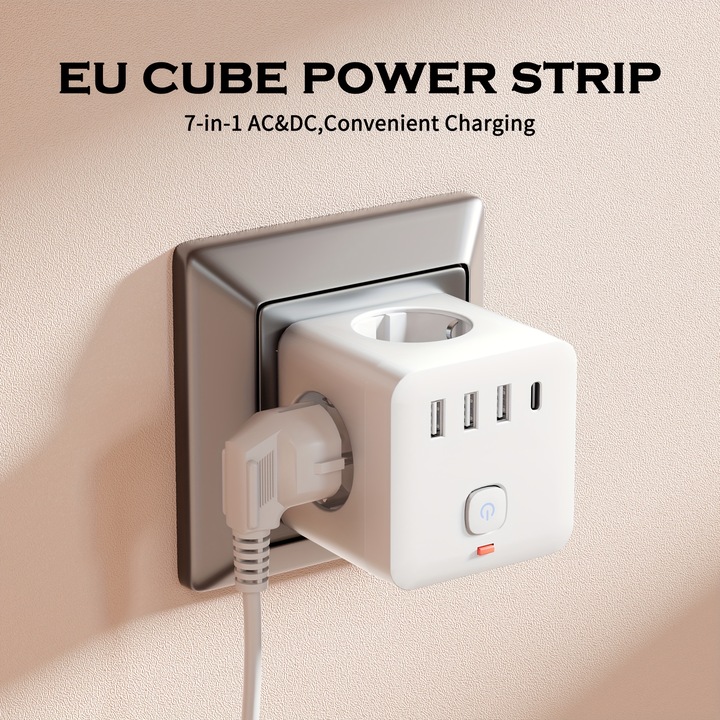 Hosszabbító 7 az 1-ben, 3 AC aljzat, 3 USB, 1 Type-C, beépített kapcsoló, túlterhelésvédelem