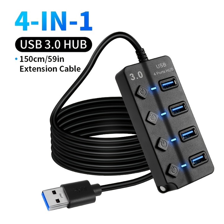USB 3.0 elosztó, 4 portos, 150 cm kábel, 5Gbps sebesség, LED, fekete