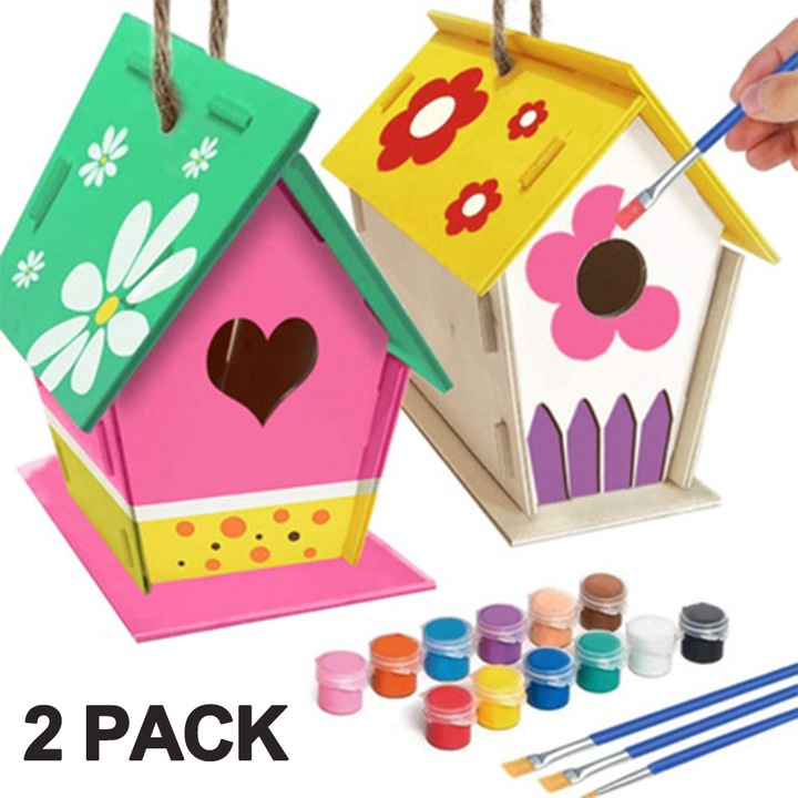Set jucarii lemn cuib pasare DIY, multicolor, 13.5x12x6.5cm si 16x11.5x16cm
