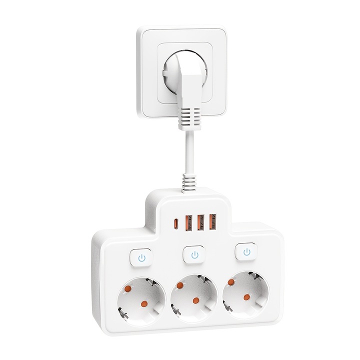 Hosszabbító 7 az 1-ben, 3 független AC aljzat, 4 USB port, fehér