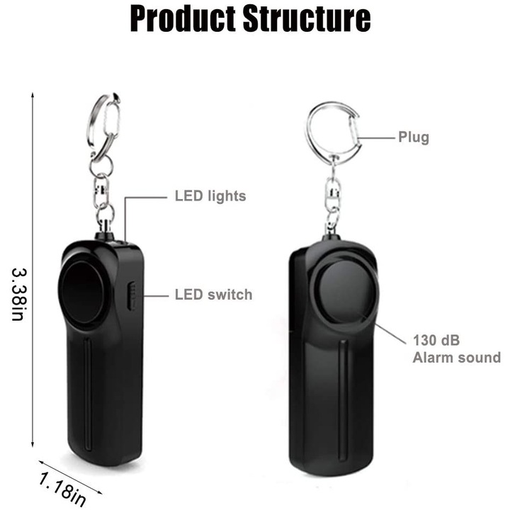 Alarma personala portabila, LED, roz-negru, 130dB, rezistenta la apa