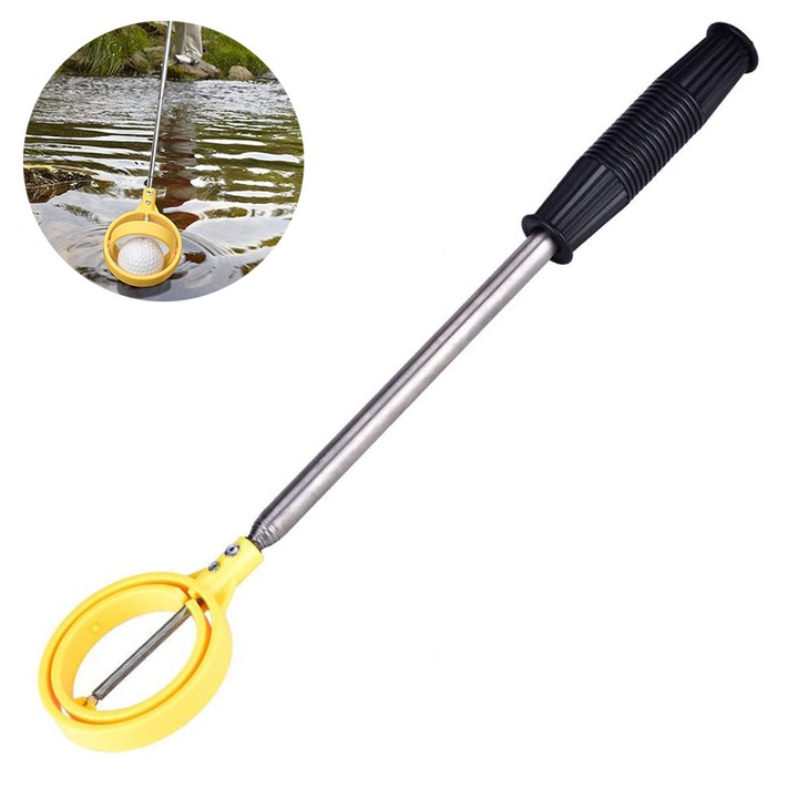 Dispozitiv telescopic pentru recuperare mingi golf, otel inoxidabil, galben-alb, 1.85m