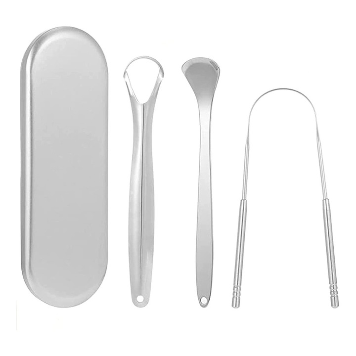 3 db rozsdamentes acél nyelvkaparó készlet, különböző formák, tárolódoboz, 15cm